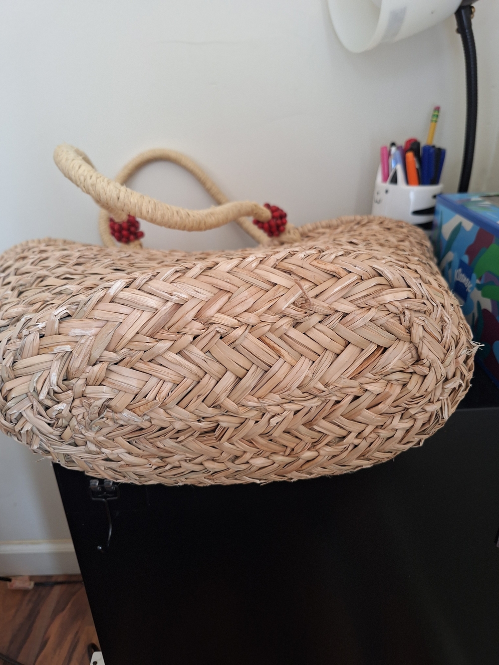 Woven Straw Tote with Sequin Watermelon Applique - Red Green - Picture 3 of 6